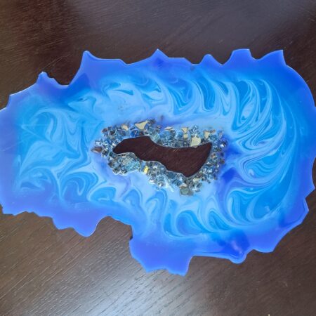 Blue Vortex Resin geode slice center ring of crystals-stand included